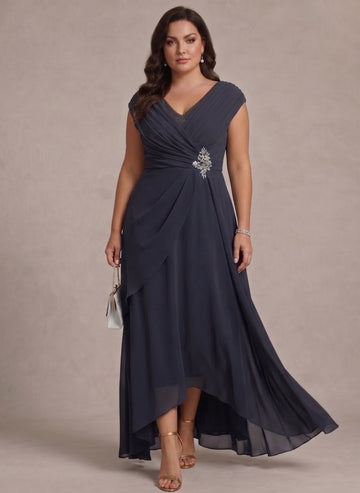 A-Line/Princess V-Neck Chiffon Plus Size Mother of the Bride Dresses Asymmetrical Floor-Length Sequins Ruched