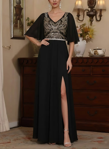 Sheath/Column V-Neck Chiffon Mother of the Bride Dresses with Split Side Floor-Length Sequins Short Sleeves