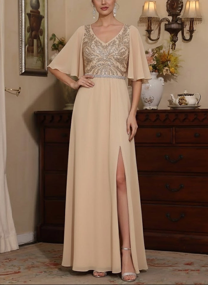 Sheath/Column V-Neck Chiffon Mother of the Bride Dresses with Split Side Floor-Length Sequins Short Sleeves