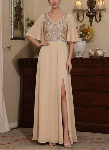 Sheath/Column V-Neck Chiffon Mother of the Bride Dresses with Split Side Floor-Length Sequins Short Sleeves