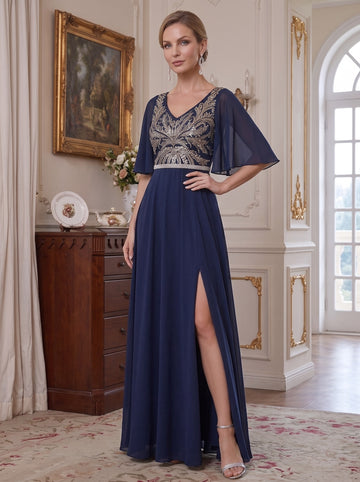 Sheath/Column V-Neck Chiffon Mother of the Bride Dresses with Split Side Floor-Length Sequins Short Sleeves