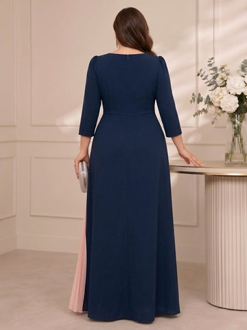 A-Line/Princess Scoop Stretch Satin Plus Size Mother of the Bride Dresses 3/4 Sleeves Floor-Length Pleated