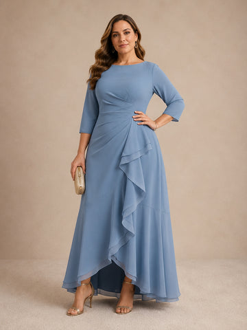 Trumpet/Mermaid Scoop Chiffon Plus Size Mother of the Bride Dresses Asymmetrical Ankle-Length High Low 3/4 Sleeves Ruffles