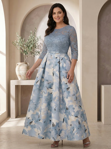A-Line/Princess Scoop Satin Plus Size Mother of the Bride Dresses Lace Ankle-Length Half Sleeves Printed Flower