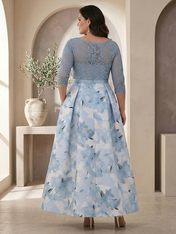 A-Line/Princess Scoop Satin Plus Size Mother of the Bride Dresses Lace Ankle-Length Half Sleeves Printed Flower
