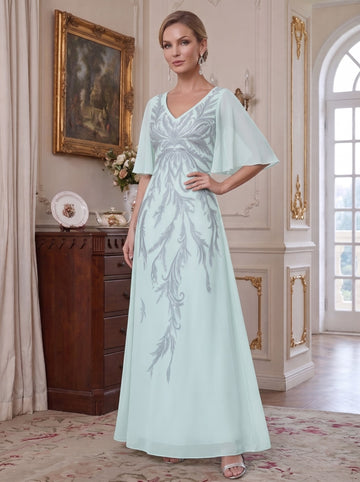 A-Line/Princess V-Neck Chiffon Mother of the Bride Dresses Ankle-Length Short Sleeves Sequins