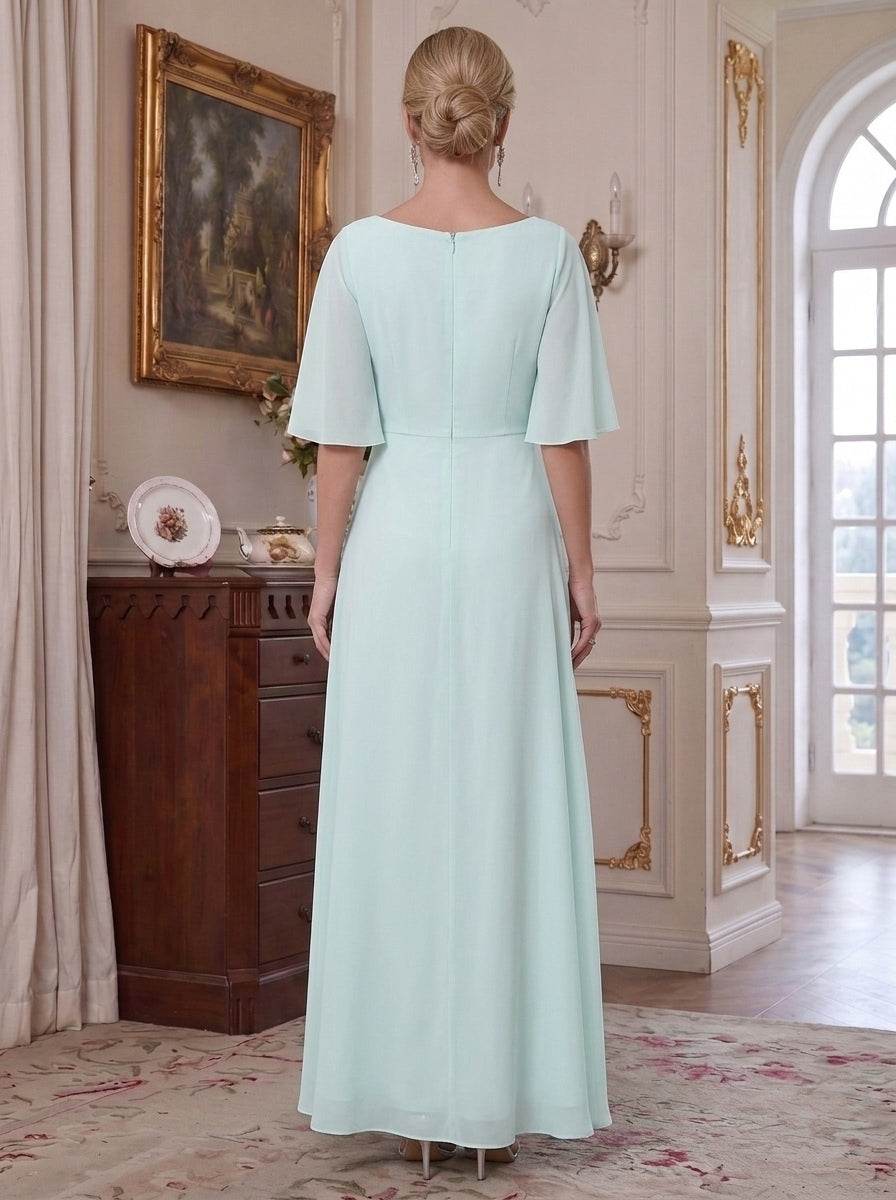 A-Line/Princess V-Neck Chiffon Mother of the Bride Dresses Ankle-Length Short Sleeves Sequins