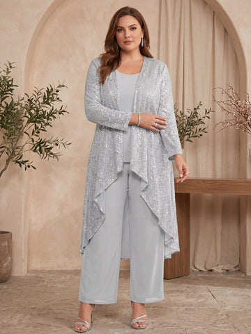 3 Pieces Chiffon Sequins Scoop Plus Size Mother of the Bride Pantsuits with Jacket Long Sleeves Ankle-Length