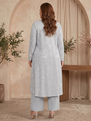 3 Pieces Chiffon Sequins Scoop Plus Size Mother of the Bride Pantsuits with Jacket Long Sleeves Ankle-Length