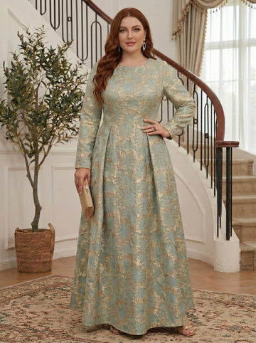 A-Line/Princess Scoop Jacquard Plus Size Mother of the Bride Dresses 3/4 Sleeves Ankle-Length Floral