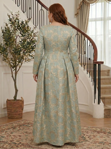 A-Line/Princess Scoop Jacquard Plus Size Mother of the Bride Dresses 3/4 Sleeves Ankle-Length Floral