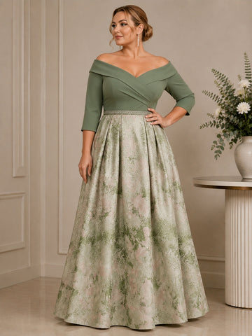 A-Line/Princess Off-the-Shoulder Plus Size Mother of the Bride Dresses Satin 3/4 Sleeves Ankle-Length Floral Sash