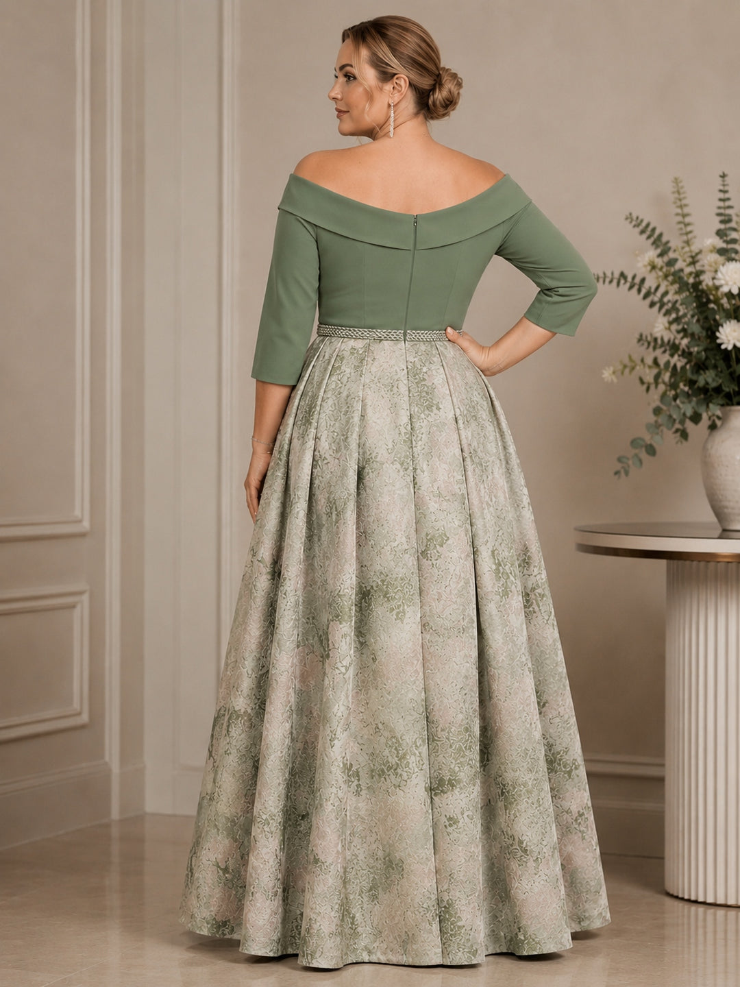 A-Line/Princess Off-the-Shoulder Plus Size Mother of the Bride Dresses Satin 3/4 Sleeves Ankle-Length Floral Sash