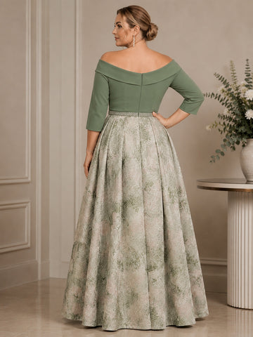 A-Line/Princess Off-the-Shoulder Plus Size Mother of the Bride Dresses Satin 3/4 Sleeves Ankle-Length Floral Sash
