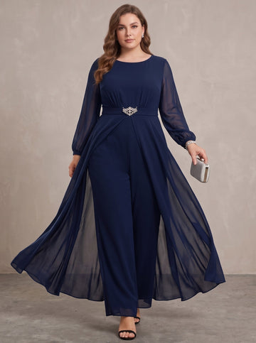 Jumpsuit Scoop Chiffon Plus Size Mother of the Bride Jumpsuit with Overskirt Ankle-Length Long Sleeves