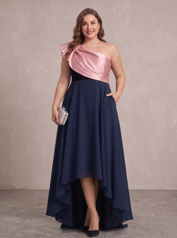 A-Line/Princess One-Shoulder Stretch Satin Plus Size Mother of the Bride Dresses Sleeveless Asymmetrical Floor-Length