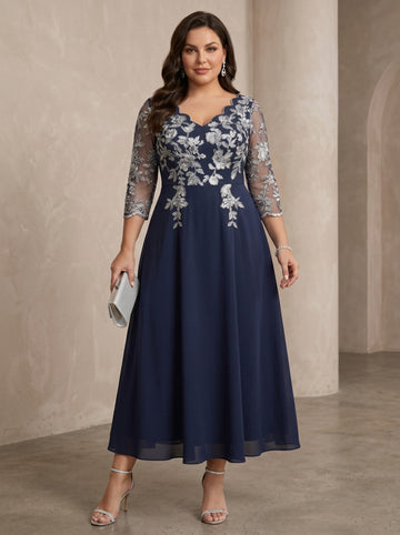 A-Line/Princess V-Neck Stretch Satin Plus Size Mother of the Bride Dresses Lace Tea-Length Floral 3/4 Sleeves