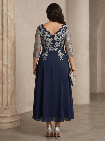 A-Line/Princess V-Neck Stretch Satin Plus Size Mother of the Bride Dresses Lace Tea-Length Floral 3/4 Sleeves
