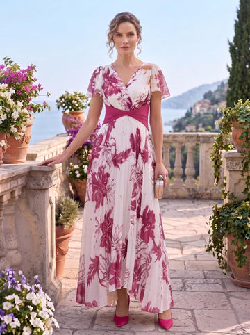 A-Line/Princess V-Neck Chiffon Mother of the Bride Dresses Short Sleeves Floral Ankle-Length