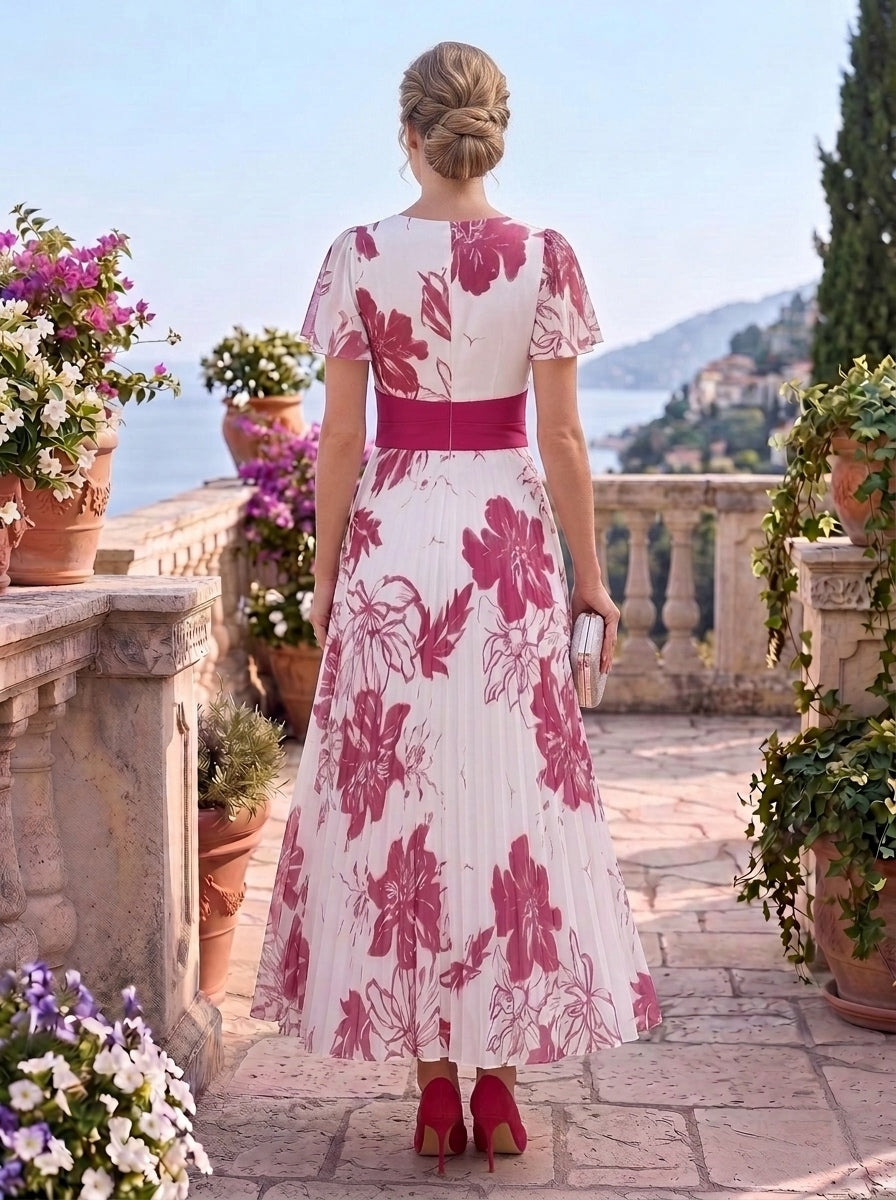 A-Line/Princess V-Neck Chiffon Mother of the Bride Dresses Short Sleeves Floral Ankle-Length
