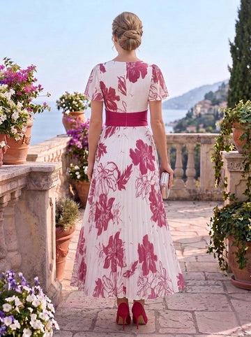 A-Line/Princess V-Neck Chiffon Mother of the Bride Dresses Short Sleeves Floral Ankle-Length