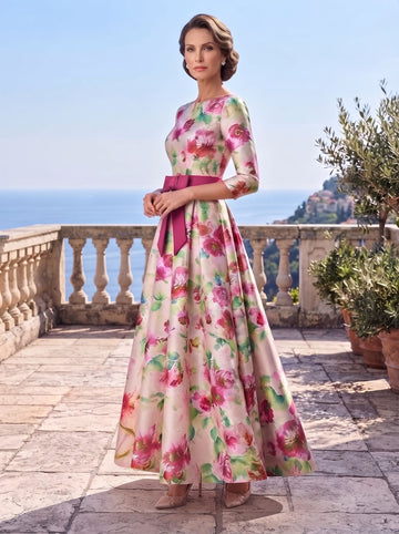 A-Line/Princess Scoop Printed Satin Mother of the Bride Dresses 3/4 Sleeves Floral Bowknot Floor-Length
