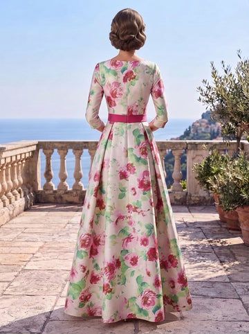 A-Line/Princess Scoop Printed Satin Mother of the Bride Dresses 3/4 Sleeves Floral Bowknot Floor-Length