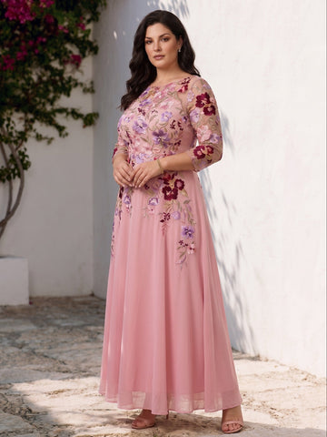 A-Line/Princess Scoop Chiffon Plus Size Mother of the Bride Dresses Lace Floral Half Sleeves Ankle-Length