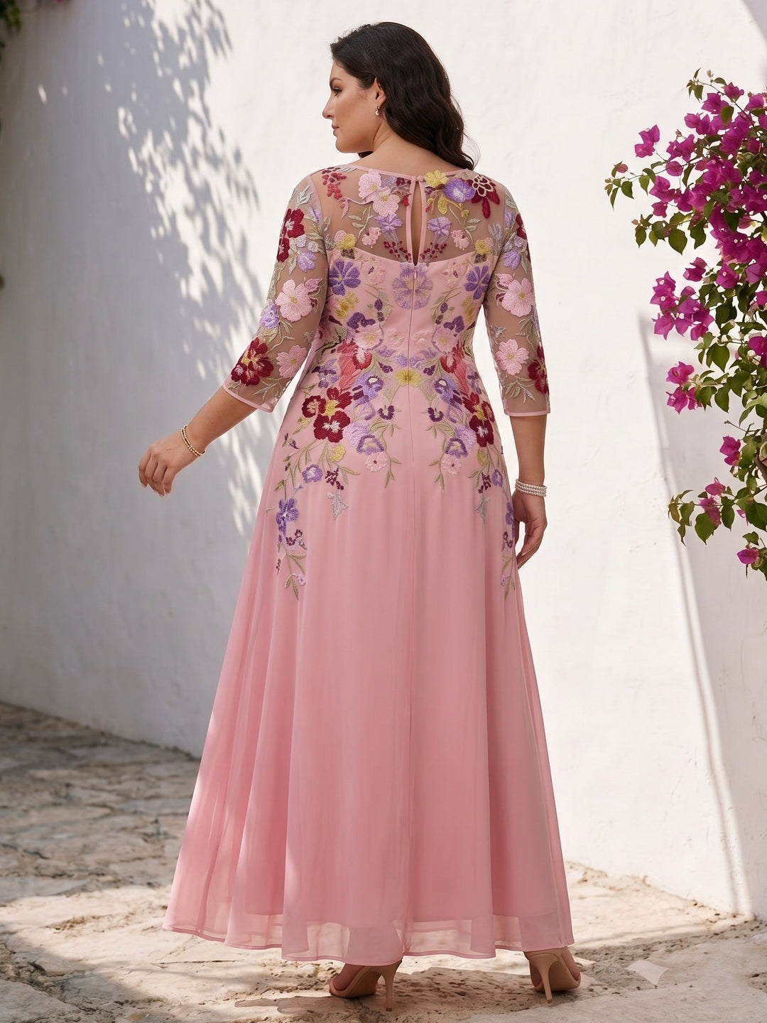 A-Line/Princess Scoop Chiffon Plus Size Mother of the Bride Dresses Lace Floral Half Sleeves Ankle-Length