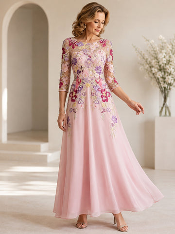 A-Line/Princess Scoop Chiffon Mother of the Bride Dresses Lace Floral Half Sleeves Ankle-Length