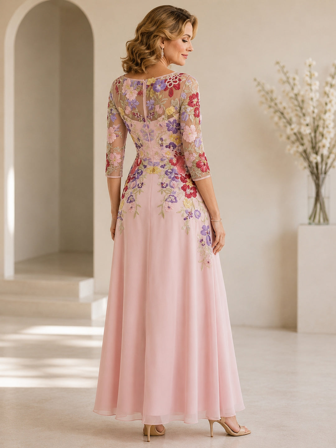 A-Line/Princess Scoop Chiffon Mother of the Bride Dresses Lace Floral Half Sleeves Ankle-Length