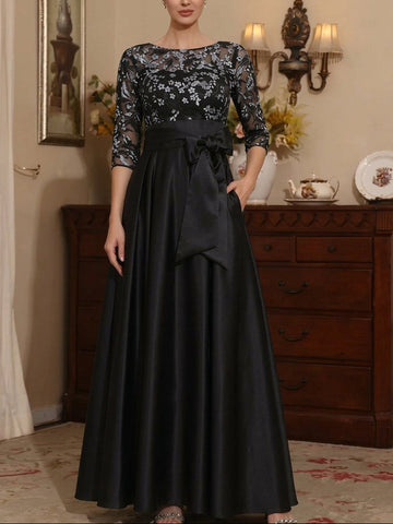 A-Line/Princess Scoop Satin Mother of the Bride Dresses Lace 3/4 Sleeves Ankle-Length Floral Bowknot