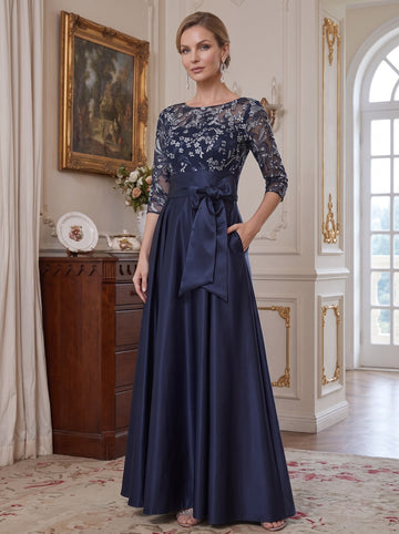 A-Line/Princess Scoop Satin Mother of the Bride Dresses Lace 3/4 Sleeves Ankle-Length Floral Bowknot
