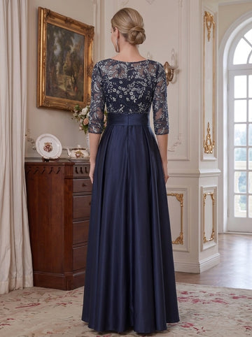 A-Line/Princess Scoop Satin Mother of the Bride Dresses Lace 3/4 Sleeves Ankle-Length Floral Bowknot