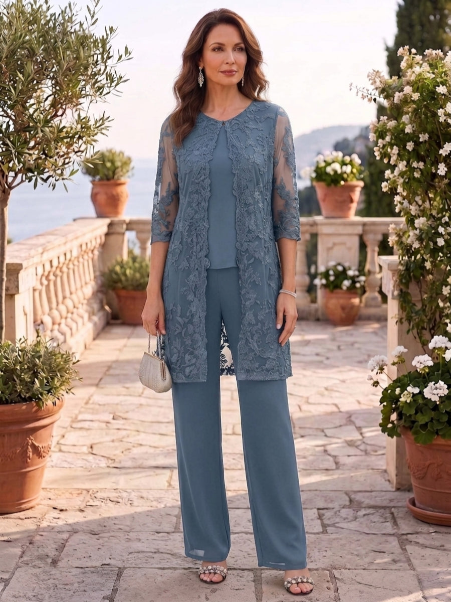 3 Pieces Scoop Chiffon Mother of the Bride Pantsuits with Jacket Lace Ankle-Length Floral 3/4 Sleeves