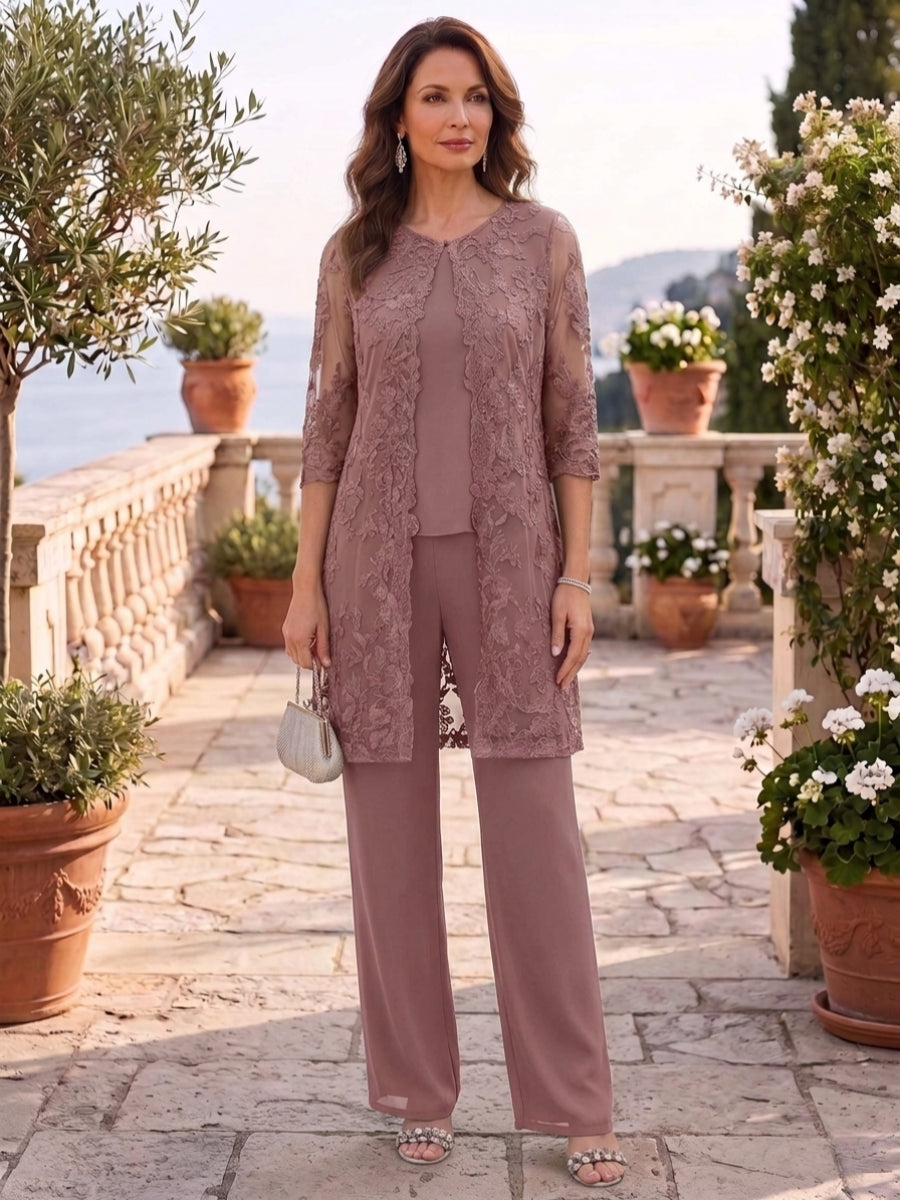 3 Pieces Scoop Chiffon Mother of the Bride Pantsuits with Jacket Lace Ankle-Length Floral 3/4 Sleeves