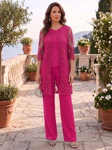 3 Pieces Scoop Chiffon Mother of the Bride Pantsuits with Jacket Lace Ankle-Length Floral 3/4 Sleeves