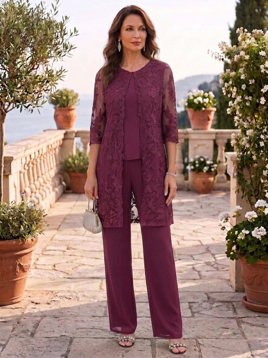 3 Pieces Scoop Chiffon Mother of the Bride Pantsuits with Jacket Lace Ankle-Length Floral 3/4 Sleeves