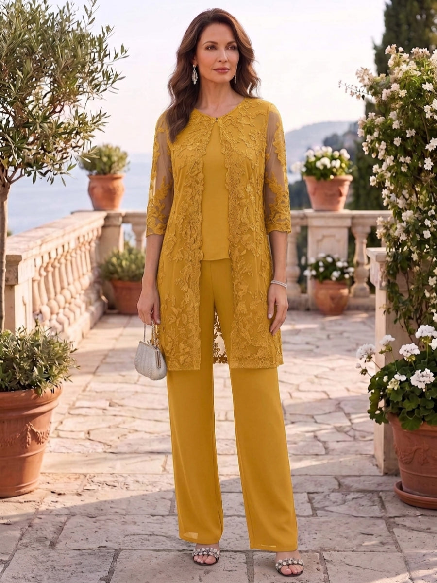 3 Pieces Scoop Chiffon Mother of the Bride Pantsuits with Jacket Lace Ankle-Length Floral 3/4 Sleeves