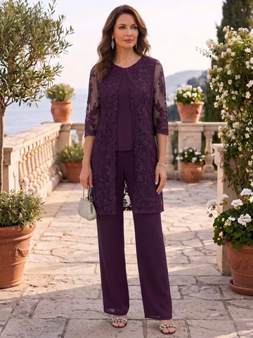 3 Pieces Scoop Chiffon Mother of the Bride Pantsuits with Jacket Lace Ankle-Length Floral 3/4 Sleeves
