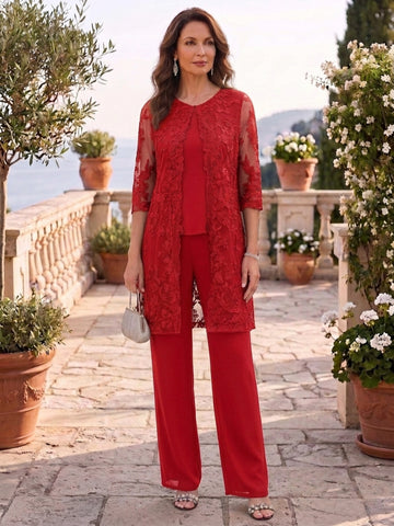 3 Pieces Scoop Chiffon Mother of the Bride Pantsuits with Jacket Lace Ankle-Length Floral 3/4 Sleeves