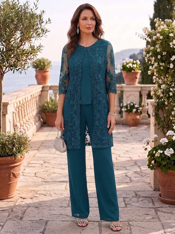 3 Pieces Scoop Chiffon Mother of the Bride Pantsuits with Jacket Lace Ankle-Length Floral 3/4 Sleeves