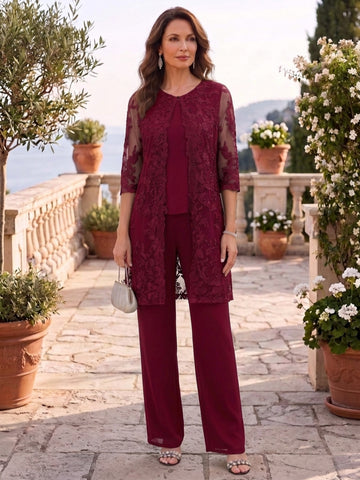3 Pieces Scoop Chiffon Mother of the Bride Pantsuits with Jacket Lace Ankle-Length Floral 3/4 Sleeves