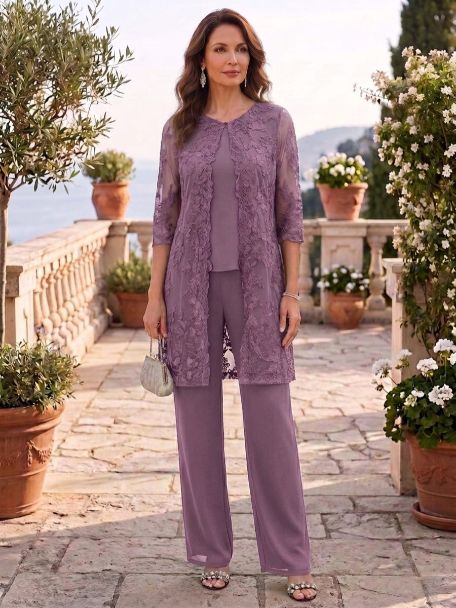 3 Pieces Scoop Chiffon Mother of the Bride Pantsuits with Jacket Lace Ankle-Length Floral 3/4 Sleeves