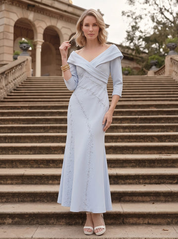 Trumpet/Mermaid Off-the-Shoulder Stretch Satin Mother of the Bride Dresses Ankle-Length 3/4 Sleeves Beading