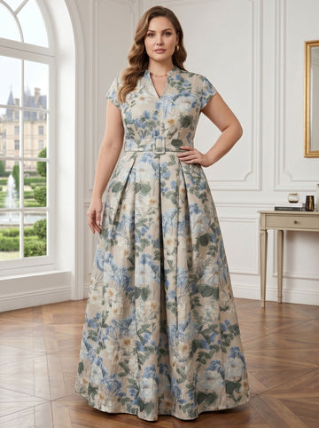 A-Line/Princess V-Neck Plus Size Mother of the Bride Dresses Printed Satin Short Sleeves Floral Floor-Length