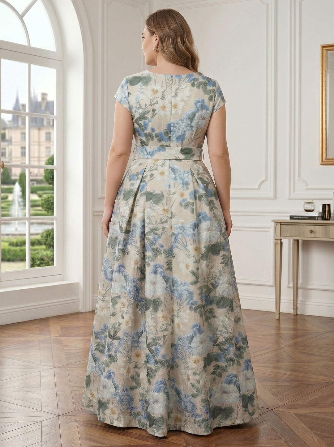 A-Line/Princess V-Neck Plus Size Mother of the Bride Dresses Printed Satin Short Sleeves Floral Floor-Length