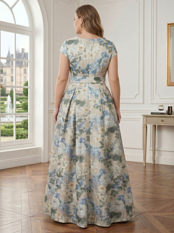A-Line/Princess V-Neck Plus Size Mother of the Bride Dresses Printed Satin Short Sleeves Floral Floor-Length