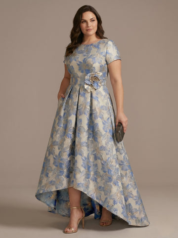 A-Line/Princess Scoop Printed Satin Plus Size Mother of the Bride Dresses Short Sleeves Floral Asymmetrical Ankle-Length 3D Flower Pocket