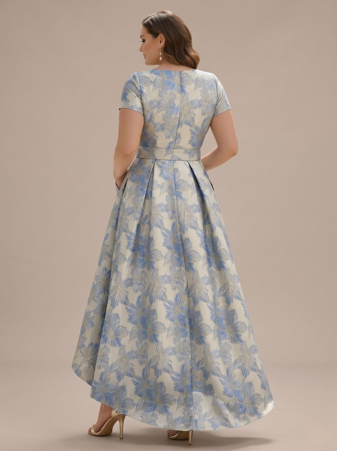 A-Line/Princess Scoop Printed Satin Plus Size Mother of the Bride Dresses Short Sleeves Floral Asymmetrical Ankle-Length 3D Flower Pocket